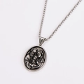 Detailed view of silver box chain and oval vintage family portrait relief pendant - Retro Color With Chain