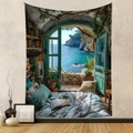 Detailed fabric texture of Mediterranean sea view tapestry with aesthetic bedroom decor - Gt202446 / 73X95CM (Brushed Fabric)