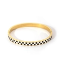 Close-up of golden checkerboard bangle with black and white enamel pattern on white background - Checkerboard Style (DQ-2294) / 18K Gold / Gold