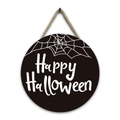 Close-up of Halloween wooden sign with white Happy Halloween text and spider web details - Style H-Happy Halloween Spider Web and Black Base