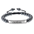 Customizable stainless steel ID bracelet with dark grey hematite beads and black cord - Gold ID Plate / Black Magnetic Stone