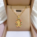 Golden Hamsa necklace with religious portrait and colorful zircon inlay in jewelry box - Hamsa Hand Style (E523)