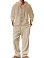Men's casual linen set in apricot beige featuring a hooded long sleeve shirt and joggers - Khaki