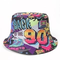 Close-up of retro 90s graffiti print on a reversible sun bucket hat with pop art patterns - M (56-58cm) / 90B Retro Patchwork Graffiti