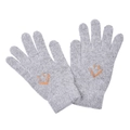 Close-up of grey knitted gloves with orange smiling face embroidery and ribbed cuffs - One Size / Gray