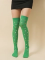Green over-the-knee Christmas stockings with festive ginger man and candy cane patterns - Green Socks with Multi Christmas Prints