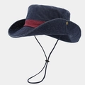 Dark blue wide brim outdoor sun hat with red decorative tape and adjustable chin strap - One Size / Navy Blue