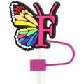 Letter F butterfly straw topper with rainbow wing and pink dust plug ring - Letter F