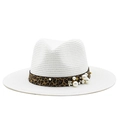 White Panama straw hat featuring leopard print band with pearls and floral accents - M (56-58cm) / Pure White