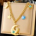 Gold plated stainless steel necklace featuring moon, owl, and blue star charms - Owl Star Moon Style (N3320)