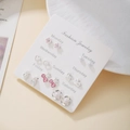 7-day set of silver stud earrings with pink and white rhinestones on fashion card - Pink Flower Heart Style (E1985-1)
