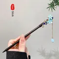 Blue flower wooden hair pin with golden tassel for traditional Hanfu hairstyles - 78# Blue Tail Butterfly