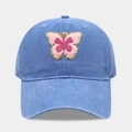 Casquette en jean bleu délavé avec broderie papillon rose et visière incurvée - Réglable / Rose bonbon