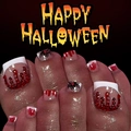Halloween toe press-on nails with red 3D blood drips, rhinestones and spider designs - Halloween Blood Drip Spider Red Rhinestone Style (FW131)