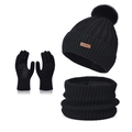 Three-piece winter knit set in black including pompom beanie, scarf, and touch-screen gloves - Three-Piece Set / Black