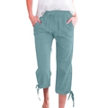 Women's light blue cotton linen cropped wide-leg pants with drawstring waist - S / Bean Green