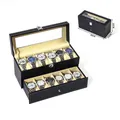 Black leather 12-slot double layer watch display box with glass window and metal lock - 6-Slot Watch Box Double Layer