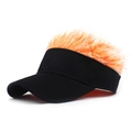 Detail of creative sun visor hat with orange wig hair on black cap for fun outdoor activities - Adjustable / Baseball Cap / Black Baseball Cap with Orange Spiky Wig