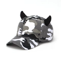 Grey camouflage cotton baseball cap featuring unique black horn decorations on top - One Size / Black White Grey Camo