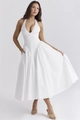 French style deep V-neck halter white dress with pleated waist and voluminous skirt - S / White