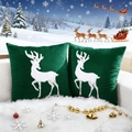 Set of two green velvet Christmas pillow covers with white embroidered reindeer silhouettes - Green Applique Embroidery Rabbit Fur Reindeer/Green