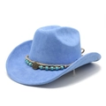 Detail of blue suede cowboy hat featuring brown rope band with turquoise beads and sun emblem - M (56-58cm) / Sky Blue