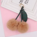 Light brown cherry plush pompom keychain with green leather leaves and gold ring - Spring Ring / Khaki