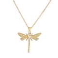 Detailed close-up of golden dragonfly pendant necklace with clear zircons and red eyes - Dragonfly Red Eyes Transparent Zirconia Style (CN001922YH)