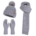 Hellgraues Strickset für den Winter mit Mütze, Schal und Handschuhen mit Farbtupfern - Grau (3-teiliges Set)