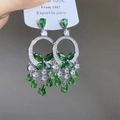 Silver-plated tassel earrings featuring green butterfly zircon and teardrop crystals - Clip-on Earrings (Silver-Green)