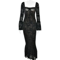 Elegant black lace long-sleeved dress with corset lacing and flared cuffs shown on a mannequin - Black
