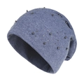 Navy blue knitted beanie for women featuring decorative silver beads on soft fabric - L (58-60cm) / Denim Blue