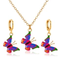 Colorful butterfly jewelry set with enamel pendant necklace and gold drop earrings - KC Gold Rose Red 3935 (2-Piece Set)