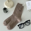 Calze a coste marroni con puntini colorati e ricamo a fiocco nero da donna - Taglia unica / Cachi