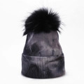Close-up of black pompom and tie-dye rib knit texture on the core-spun yarn beanie hat - Black and Gray Tie-Dye (7#)