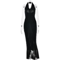 Sexy black halter neck maxi dress with deep V-neck, ruffle hem and pleated mesh details - S / Black