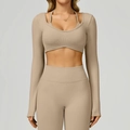 Damen 3-teiliges nahtloses Yoga-Set in hellem Beige mit langärmligem Crop-Top und Sportleggings - L / Khakibraun