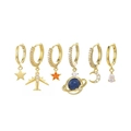 Detail view of gold earrings set featuring star, moon, plane, and zircon pendants - Airplane Star Moon Saturn 6-Piece Set
