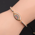 Detail of adjustable evil eye bracelet featuring colorful zircons and tricolor metal beads - CB0223CX+Mixed Color Bead Chain-Black Rope Three Tone Beads Four Color Zirconia Evil Eye