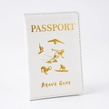 White PU leather passport holder with gold foil sports theme patterns and lettering - White