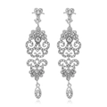 Vintage palace style long silver drop earrings with hollow diamonds on white background - Silver (Clip-on)