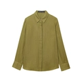 Chemise en lin à manches longues vert olive pour femme présentée à plat de manière pro - XS / Hauts / Chemise Verte
