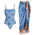 Costume da bagno intero a fiori blu e bianchi con pareo coordinato in due pezzi - S / Costume + Pareo Set