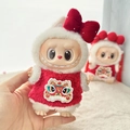 Labubu plush doll wearing red velvet jacket with festive lion dance embroidery - A Single Lion Dance Costume + A Red Hair Clip With Rhinestones / First And Second Generation Keychains Are Compatible With La Cloth Dolls. Dolls Not Included.
