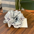 French style grey-pink plaid scrunchie with blue butterfly prints on wooden background - Grey Blue Bow Checkered