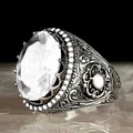 Men's vintage silver ring with oval white gemstone and intricate vine carvings - US 7 / White (AJZ1800)