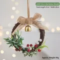 Ghirlanda di Natale con fiocco di lino, campana d'oro e bacche su vite naturale - Grande / Anello di Rattan Rosso (LD090)