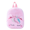 Cute pink plush unicorn backpack for girls featuring soft fur and sequined horn details - Pink Heart Squinting
