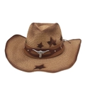 Woven straw cowboy hat with wide brim featuring a metal bull head emblem and leather band - One Size + Windproof Rope / Camel (Brown Band with White Bull)