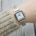 Minimalist square stainless steel quartz watch with silver metal strap for women - White